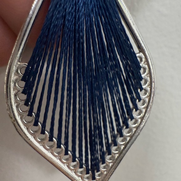 Navy and Silver Teardrop Threaded Earrings - Picture 2 of 2